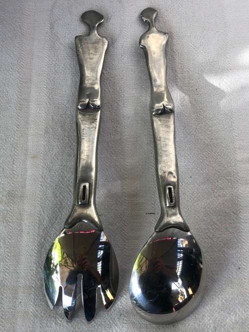 WOW !!! CARROL BOYES FUNCTIONAL ART !!! PAIR MAN/WOMAN PEWTER SALAD SERVERS -  VALUE R2400