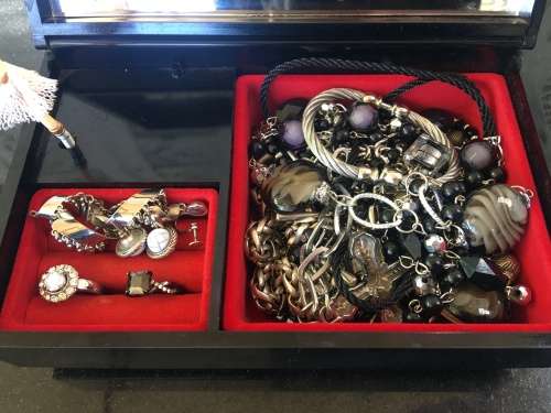 A Lot Of Black & Silver Metal Fashion Jewelry Pieces in A Lovely Vintage Vinyl Windup Ballerina Box