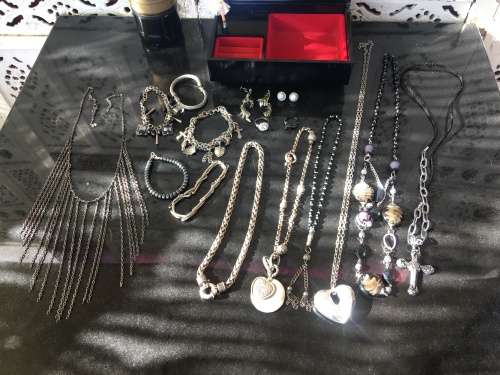 A Lot Of Black & Silver Metal Fashion Jewelry Pieces in A Lovely Vintage Vinyl Windup Ballerina Box