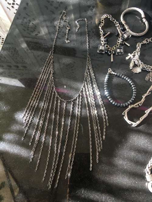 A Lot Of Black & Silver Metal Fashion Jewelry Pieces in A Lovely Vintage Vinyl Windup Ballerina Box