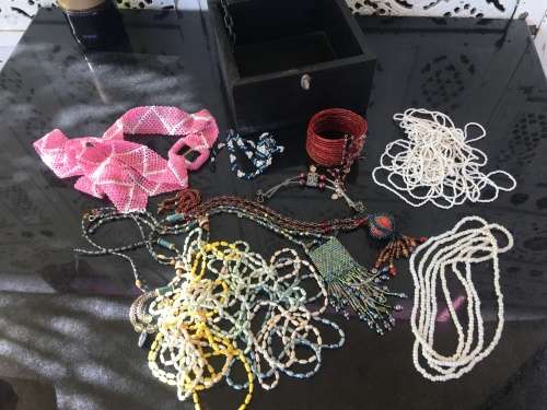 A Lot Beaded Fashion Jewelry Art Pieces in A Lovely Vintage Indian Metal Cladded Top Box