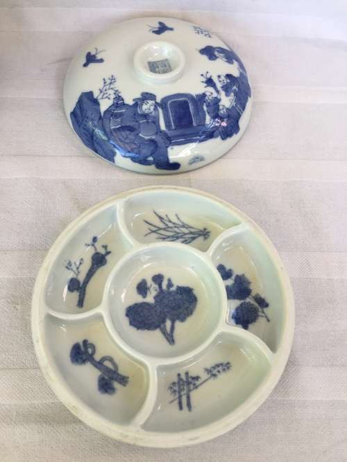 A Lovely Blue & White Signed Chinese Lidded Divider Porcelain Dish Hand Painted U/G