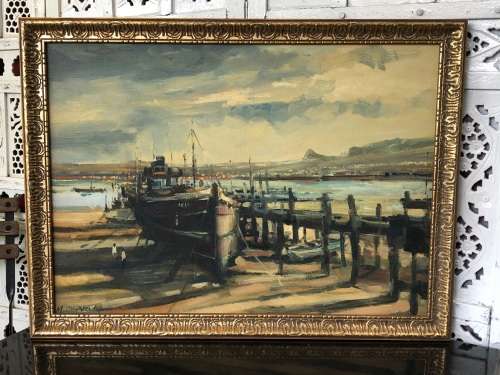 INVESTMENT ART !!! FAMOUS SA ARTIST MAURO CHIARLA (1949) FRAMED OIL ON CANVAS BOARD - "DRY DOCK"