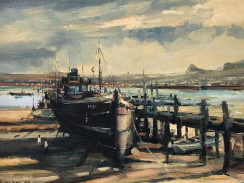 INVESTMENT ART !!! FAMOUS SA ARTIST MAURO CHIARLA (1949) FRAMED OIL ON CANVAS BOARD - "DRY DOCK"