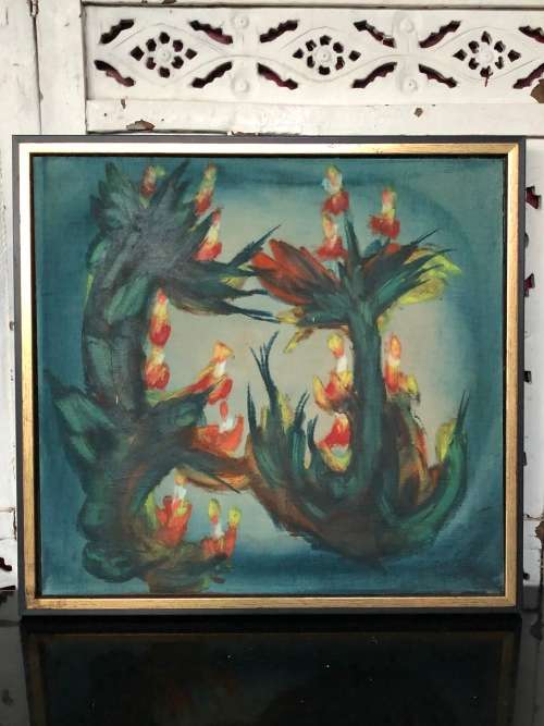 INVESTMENT ART !! PETER CLARKE (1929 - 2014) OIL ON CANVAS OF THISTLES DATED 1982 - MOUNTED TO BOARD