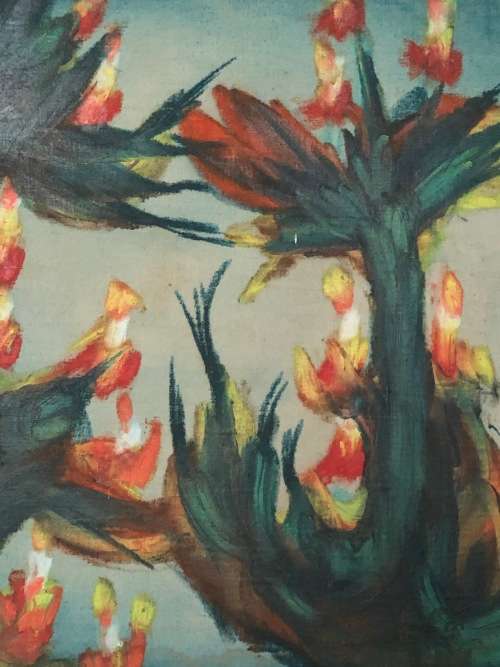 INVESTMENT ART !! PETER CLARKE (1929 - 2014) OIL ON CANVAS OF THISTLES DATED 1982 - MOUNTED TO BOARD