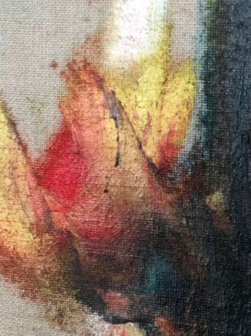 INVESTMENT ART !! PETER CLARKE (1929 - 2014) OIL ON CANVAS OF THISTLES DATED 1982 - MOUNTED TO BOARD