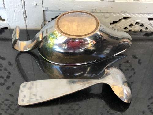 WOW !!! CARROL BOYES FUNCTIONAL ART !!! STAINLESS GRAVY BOAT AND MATCHING LADLE - CLEARLY MARKED