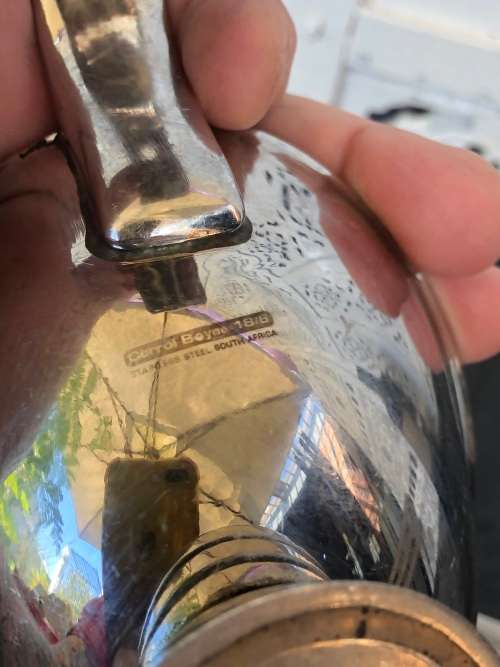 WOW !!! CARROL BOYES FUNCTIONAL ART !!! STAINLESS GRAVY BOAT AND MATCHING LADLE - CLEARLY MARKED