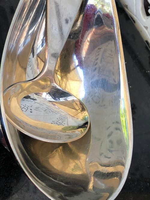 WOW !!! CARROL BOYES FUNCTIONAL ART !!! STAINLESS GRAVY BOAT AND MATCHING LADLE - CLEARLY MARKED