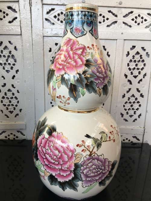c1970s Chinese Zhongguo Zhi Zao  Double Gourd Vase Hand Floral & Bird Vase & Gold Gilt 45cm High