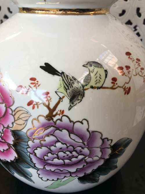 c1970s Chinese Zhongguo Zhi Zao  Double Gourd Vase Hand Floral & Bird Vase & Gold Gilt 45cm High