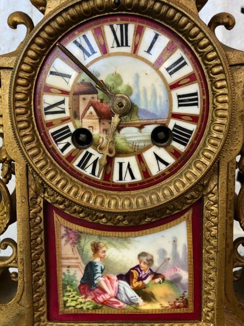 WOW !!! JAPY FRERES FRENCH MANTLE CLOCK WITH SEVRES PORCELAIN PANELS - RUNS BUT STOPS