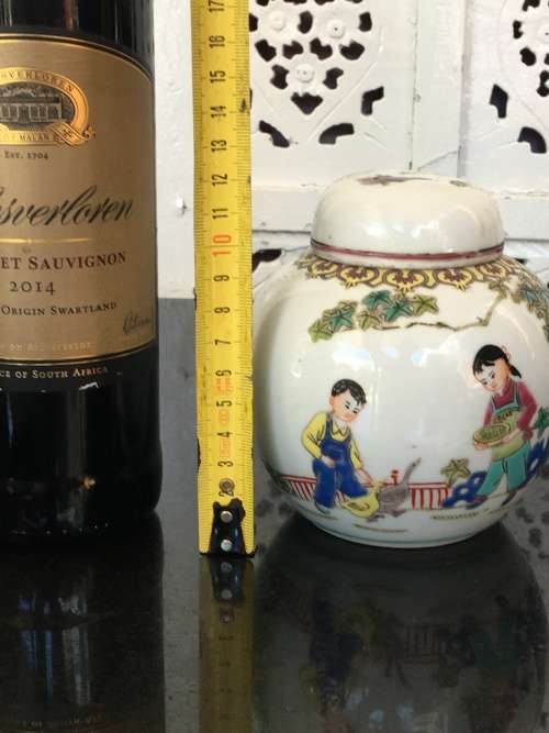 Chinese Mid 1900s Marked Hand Painted Enamel Lidded Ginger Jar. Children in the garden Feeding ducks