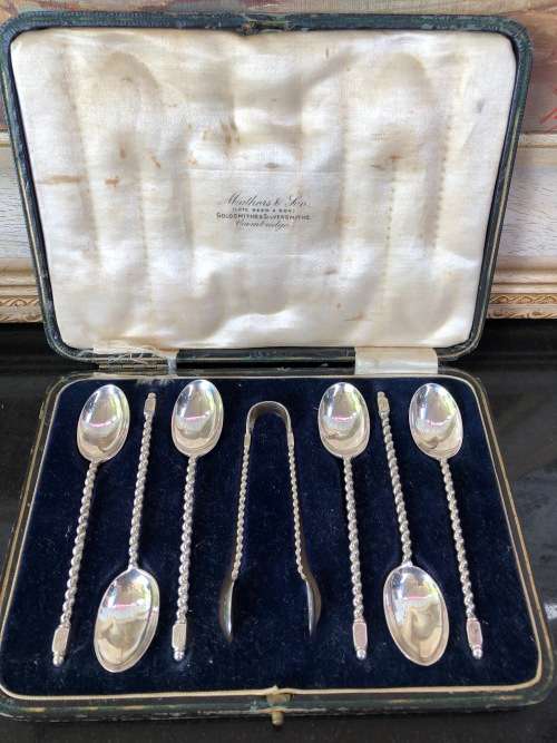 Charles Boyton & Sons Silver Sheffield Hallmarked Set Barley Twist Tea Spoons & Sugar Nips 95.8g