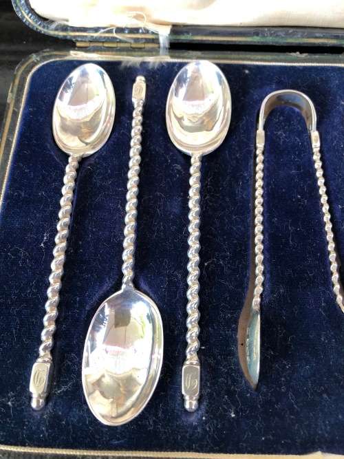 Charles Boyton & Sons Silver Sheffield Hallmarked Set Barley Twist Tea Spoons & Sugar Nips 95.8g