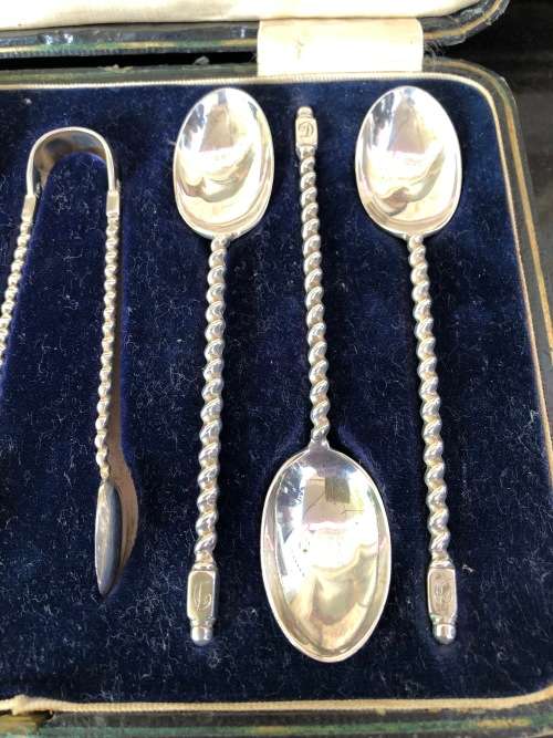 Charles Boyton & Sons Silver Sheffield Hallmarked Set Barley Twist Tea Spoons & Sugar Nips 95.8g