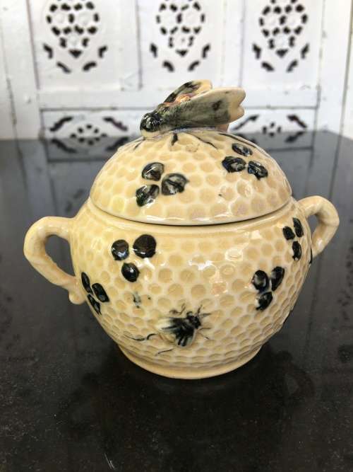 Vintage Antique  Foreign Marked Raised Relief Bee Lidded Honey Pot