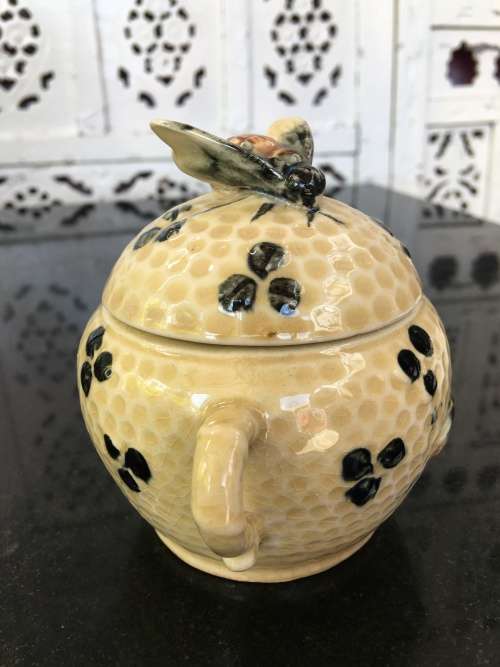 Vintage Antique  Foreign Marked Raised Relief Bee Lidded Honey Pot