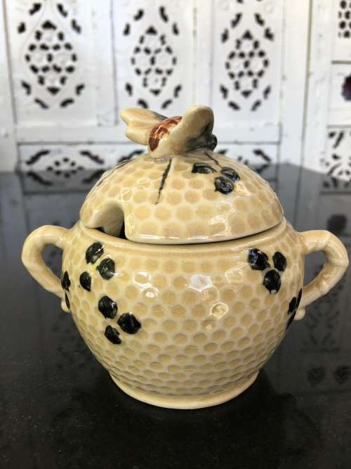 Vintage Antique  Foreign Marked Raised Relief Bee Lidded Honey Pot