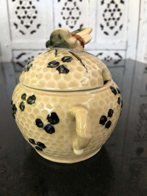 Vintage Antique  Foreign Marked Raised Relief Bee Lidded Honey Pot