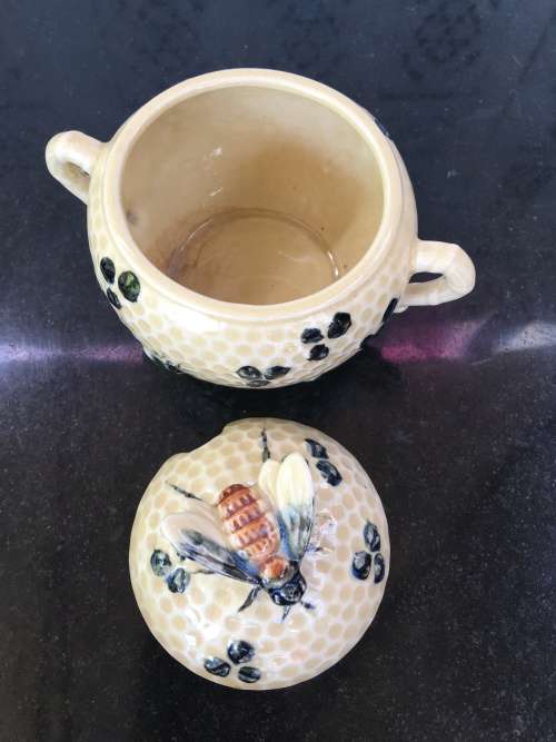 Vintage Antique  Foreign Marked Raised Relief Bee Lidded Honey Pot