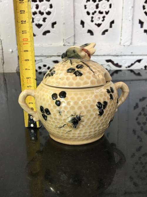 Vintage Antique  Foreign Marked Raised Relief Bee Lidded Honey Pot