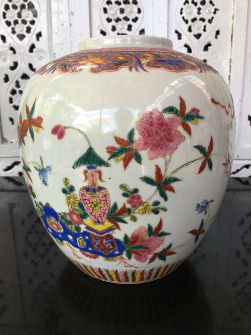 Large Chinese Antique Marked Yongsheng and Double Blue Ring, Enamel Hand Pinted Porcelain Ginger Jar