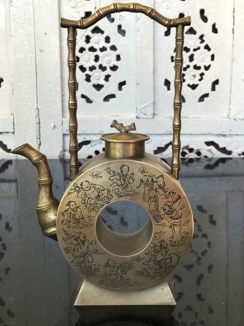 Qing Marked Silver Alloy Moon Flask Tea Pot Depicticting Etched Art of The 8 Immortals and Poem