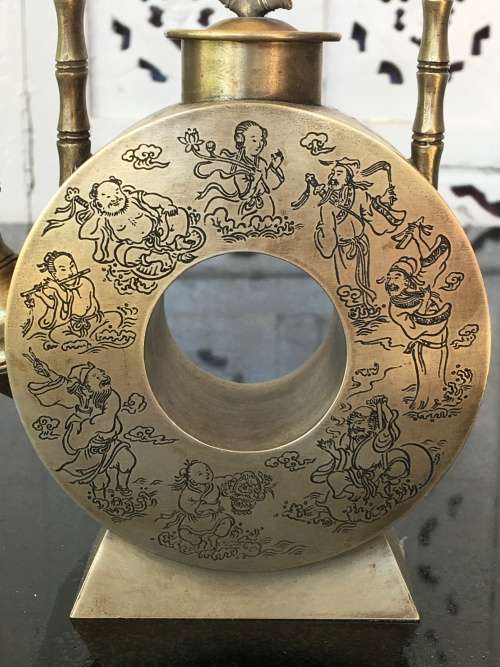 Qing Marked Silver Alloy Moon Flask Tea Pot Depicticting Etched Art of The 8 Immortals and Poem