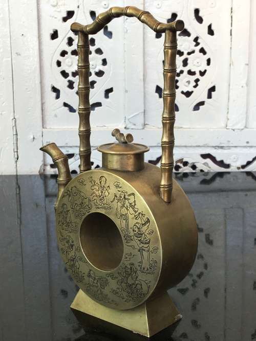 Qing Marked Silver Alloy Moon Flask Tea Pot Depicticting Etched Art of The 8 Immortals and Poem