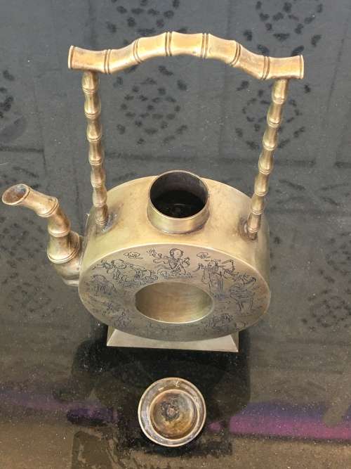 Qing Marked Silver Alloy Moon Flask Tea Pot Depicticting Etched Art of The 8 Immortals and Poem
