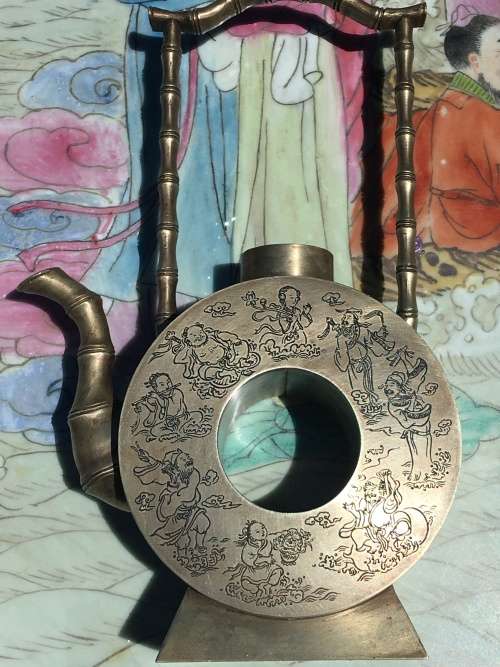 Qing Marked Silver Alloy Moon Flask Tea Pot Depicticting Etched Art of The 8 Immortals and Poem