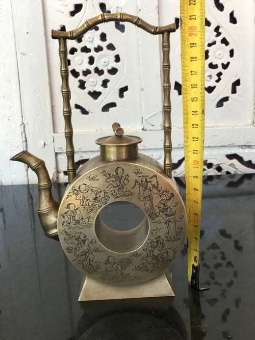 Qing Marked Silver Alloy Moon Flask Tea Pot Depicticting Etched Art of The 8 Immortals and Poem