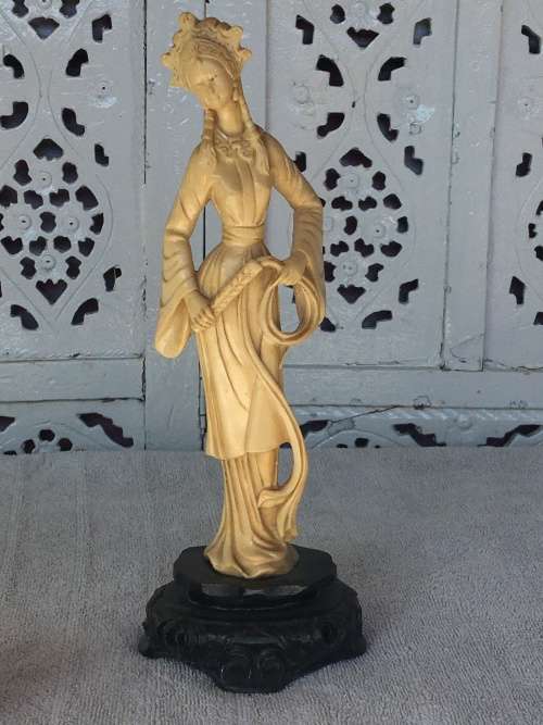 Old Resin Carved Eastern Female Deity. Signed on back lower dress and  inside under base 28cm