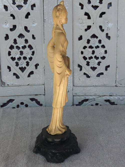 Old Resin Carved Eastern Female Deity. Signed on back lower dress and  inside under base 28cm