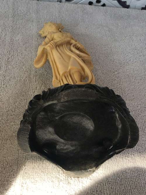 Old Resin Carved Eastern Female Deity. Signed on back lower dress and  inside under base 28cm