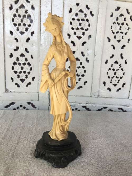Old Resin Carved Eastern Female Deity. Signed on back lower dress and  inside under base 28cm