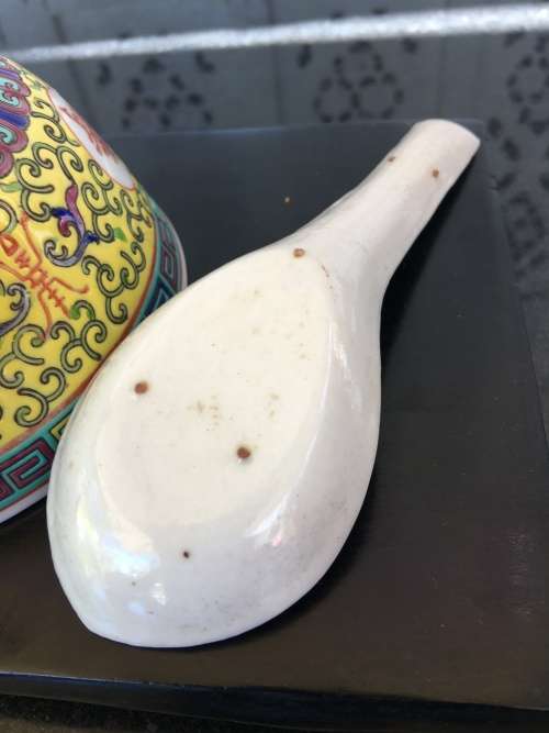 MID 1900s CHINESE JIANGXI JINGDEZHEN YELLOW ENAMEL HAND PAINTED RICE BOWL and SPOON