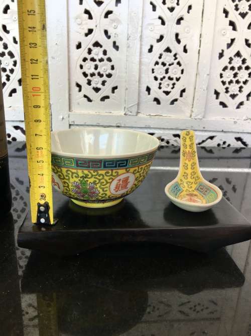 MID 1900s CHINESE JIANGXI JINGDEZHEN YELLOW ENAMEL HAND PAINTED RICE BOWL and SPOON