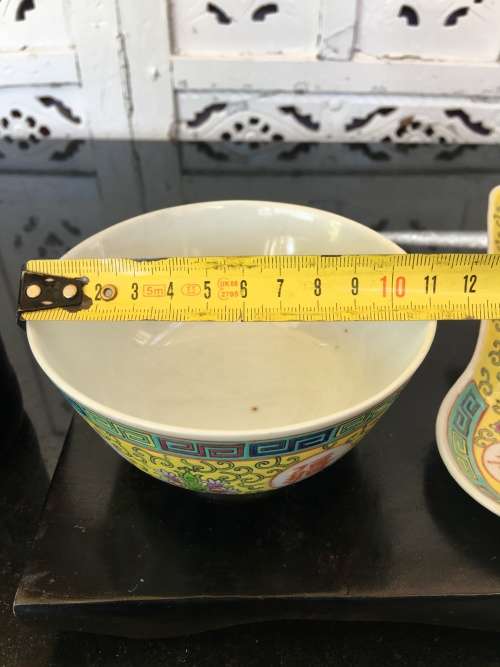 MID 1900s CHINESE JIANGXI JINGDEZHEN YELLOW ENAMEL HAND PAINTED RICE BOWL and SPOON