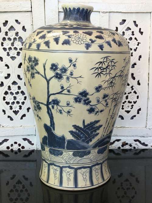 Chinese Signed Meiping Vase Blue and White Underglaze Hand Painted