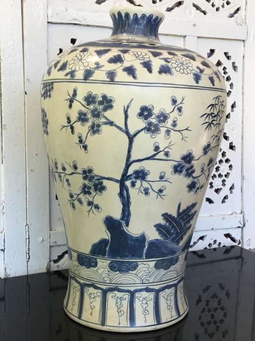 Chinese Signed Meiping Vase Blue and White Underglaze Hand Painted