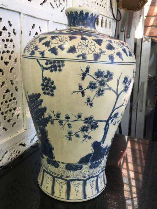 Chinese Signed Meiping Vase Blue and White Underglaze Hand Painted
