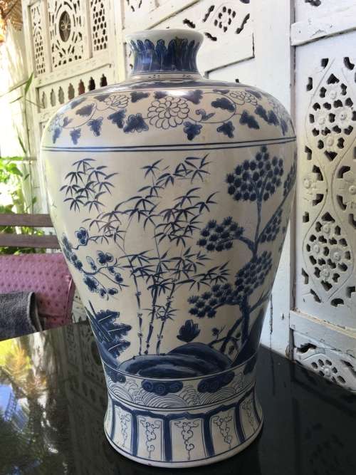 Chinese Signed Meiping Vase Blue and White Underglaze Hand Painted