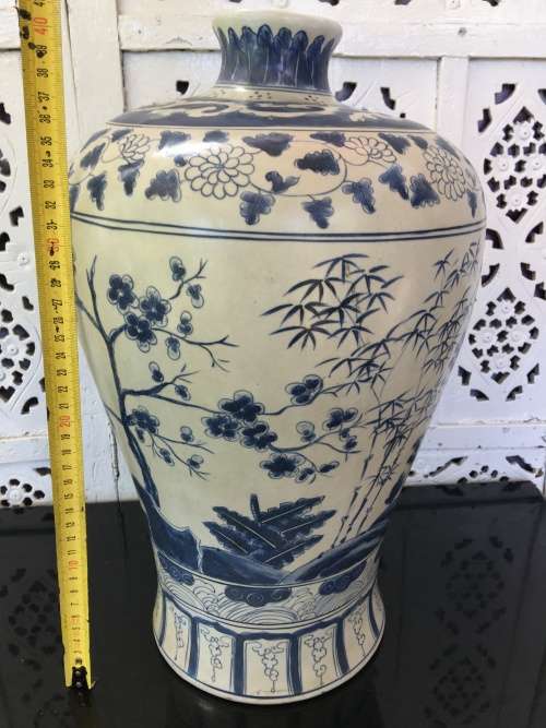 Chinese Signed Meiping Vase Blue and White Underglaze Hand Painted
