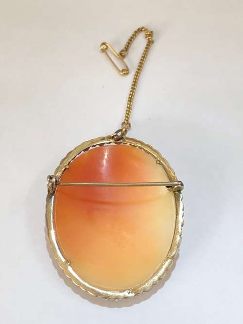 LARGE ANTIQUE VICTORIAN STERLING SILVER MARCASITE CARVED SHELL CAMEO BROOCH WITH SAFETY CHAIN