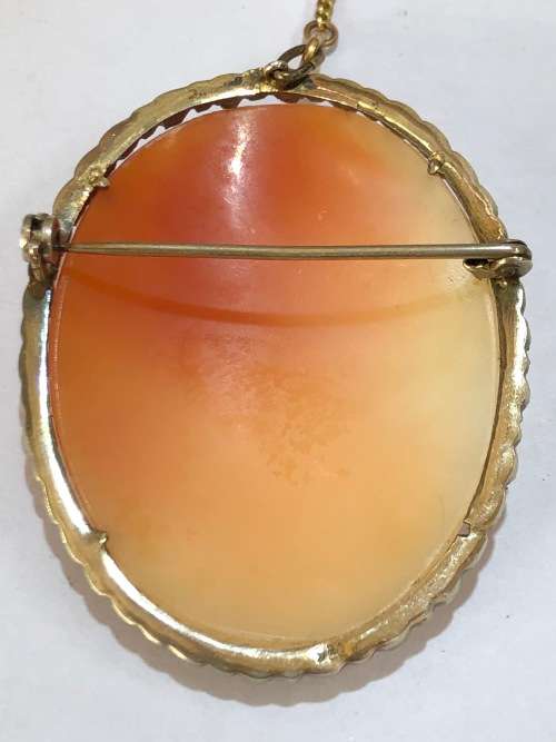 LARGE ANTIQUE VICTORIAN STERLING SILVER MARCASITE CARVED SHELL CAMEO BROOCH WITH SAFETY CHAIN