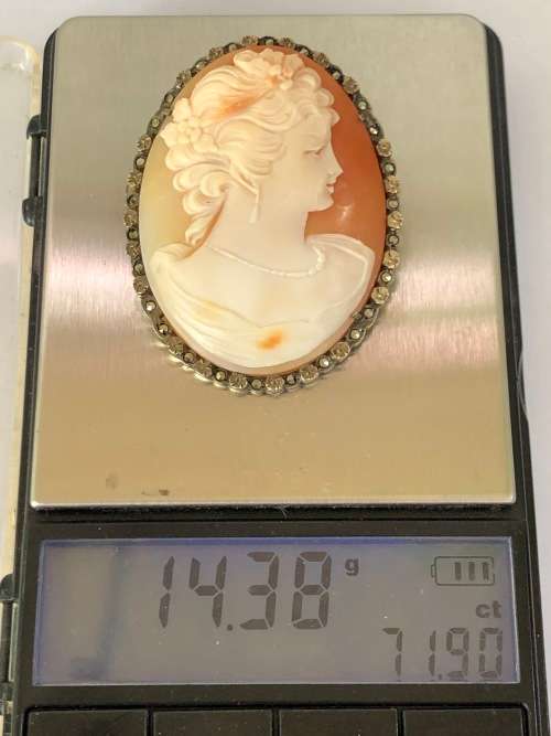 LARGE ANTIQUE VICTORIAN STERLING SILVER MARCASITE CARVED SHELL CAMEO BROOCH WITH SAFETY CHAIN