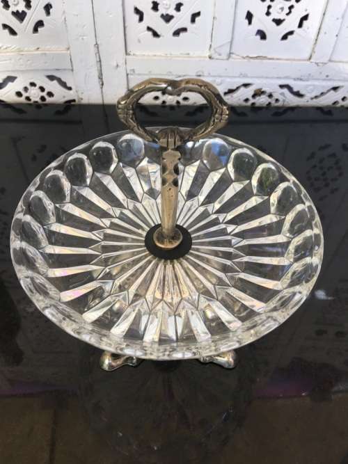 Large Vintage Japan Stamped Art Glass and Metal Compote, Detachable.